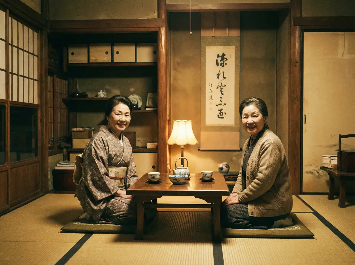 两位优雅的 天天体育网网址 在日式茶室中品茶交谈
